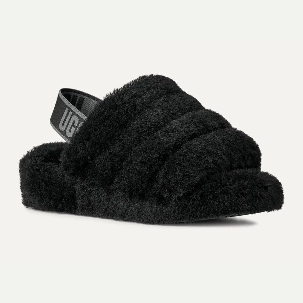 UGG Women’s Fluff Yeah Sheepskin Open Toe Slipper Slide in Black/White, size 9